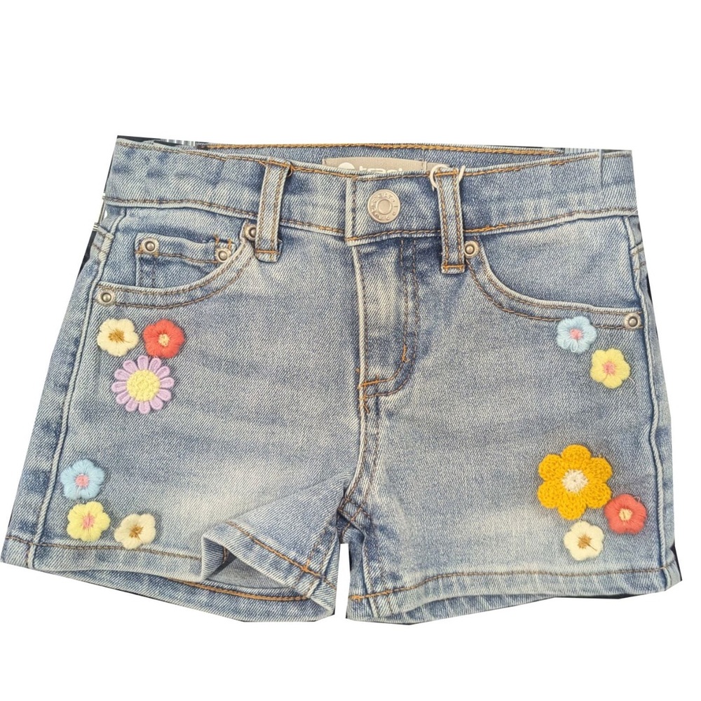 Tractr Girls Stretch Denim Short with Crochet Flowers